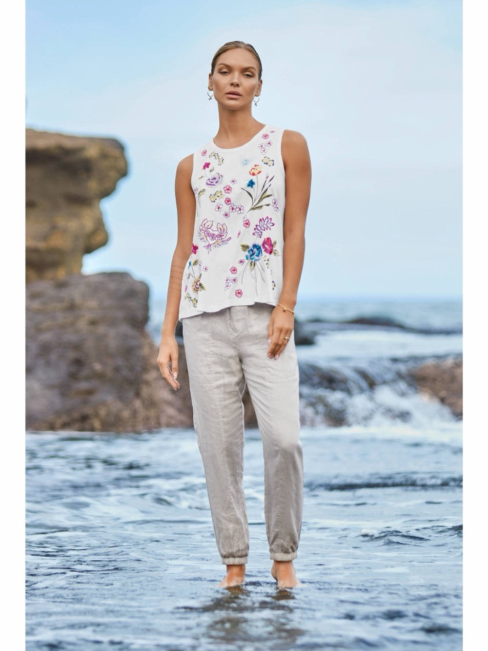 Johnny Was White Floral Embroidered Tank Top